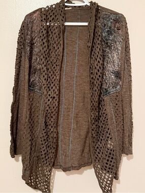Open-Front Brown Women's Crochet Cardigan Sweater